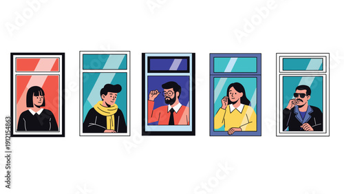 Diverse individuals looking out of various window frames representing community connectivity or staying at home during social distancing periods.