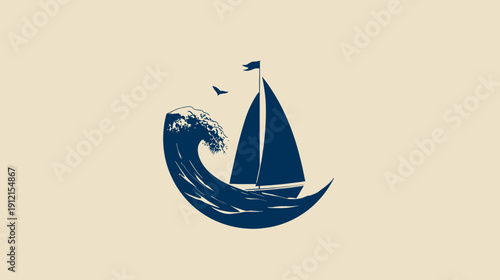 Minimalist illustration of a sailboat on a powerful ocean wave with a flying bird, symbolizing sea travel, adventure, and freedom