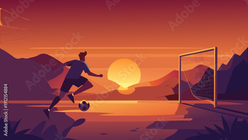 A vibrant flat design vector illustration of a soccer player kicking a ball toward a goal against a gradient background of a sunset over mountains