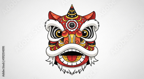 Vibrant lion dance head illustration with colorful patterns and white fur on gray background for cultural celebrations