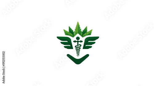 Medical cannabis emblem with caduceus, wings, and green marijuana leaves symbolizing health, wellness, natural remedies, and alternative medicine