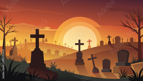 A serene and calming illustration of a cemetery at sunset featuring tombstones crosses and a silhouette design