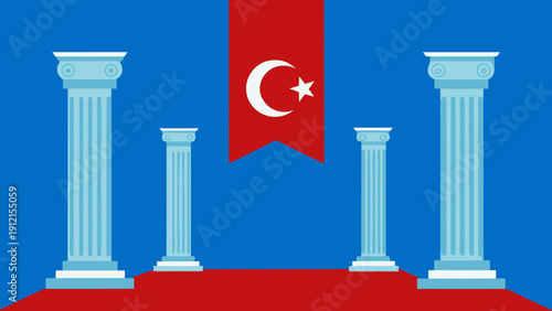 A minimalist vector illustration featuring four classical pillars with a stylized Turkish flag background