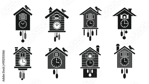 Collection of eight unique cuckoo clock silhouettes with various house designs and decorative elements for traditional timekeeping themes.