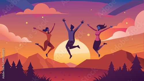 Three joyful individuals jumping in the air against a vibrant sunset over mountains in a flat vector style illustration with silhouettes