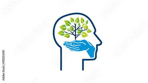Human head profile with a nurturing hand holding a growing tree, representing ecological thinking, sustainable growth, mental well-being, and environmental awareness.