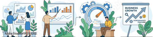 Business growth vector illustration, performance tracking process design with charts, optimization gauge, teamwork analysis, and corporate success artwork