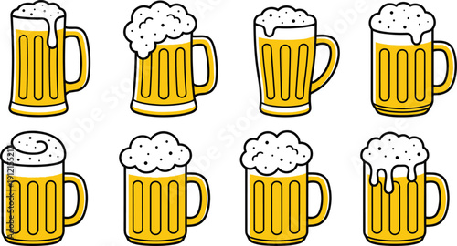 Cartoon beer mugs with foam variations, Oktoberfest and pub culture theme - flat vector illustration