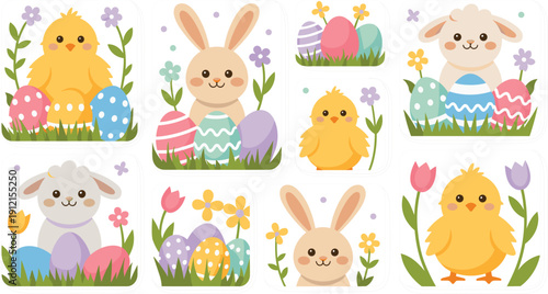 Cute Easter sticker set with kawaii bunny rabbit chick and lamb characters featuring colorful painted eggs spring flowers and grass isolated on white background vector
