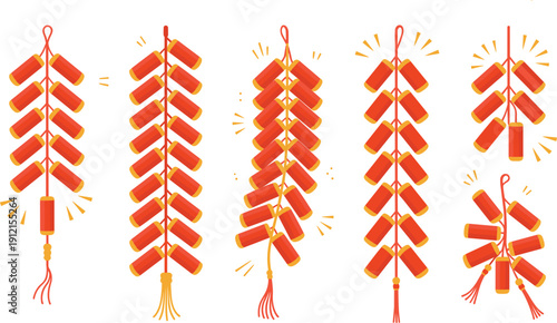 Set of Chinese New Year red firecrackers hanging on strings with gold tassels for traditional festival celebration isolated on white background flat vector