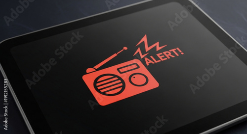 Emergency alert on a tablet screen with a red radio icon and lightning bolt symbol on a dark background