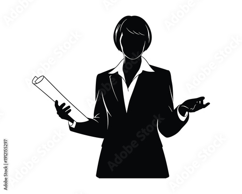 Silhouette of a businesswoman holding a document and gesturing