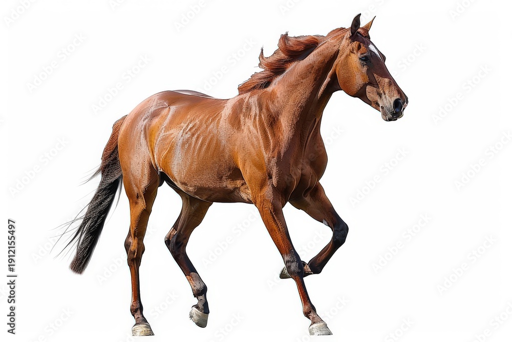Obraz premium A stunning chestnut horse is captured mid-stride, exuding strength and grace in a moment of untamed freedom.