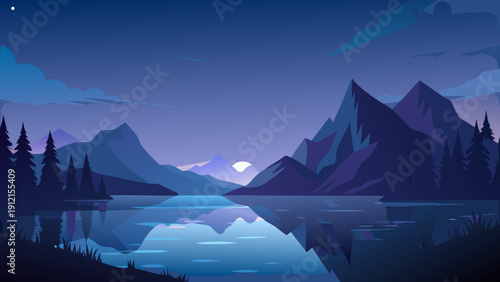 A serene vector illustration of a mountain range reflected in a tranquil lake under a twilight sky with a minimalist design style