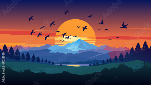 A peaceful vector illustration of a sunset over rolling hills with birds flying across the sky