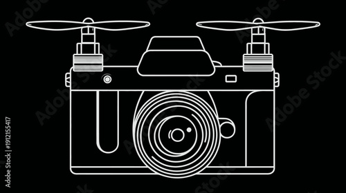Minimalist white outline illustration of a drone integrated with a camera, representing aerial photography and modern technology on a black background.