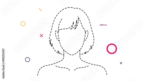 Minimalist dotted outline of a female figure surrounded by simple colorful geometric shapes representing abstract identity or profile concepts.
