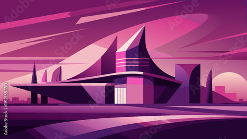 A futuristic, minimalist vector illustration of a modern architectural building set against a gradient purple and pink sky with abstract geometric shapes