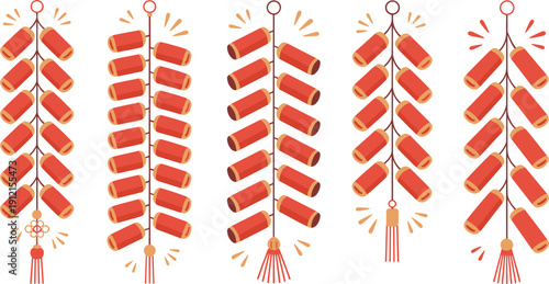 Set of traditional Chinese New Year firecracker vector illustrations with red cylinders and gold tassels isolated on white background for oriental festival design.