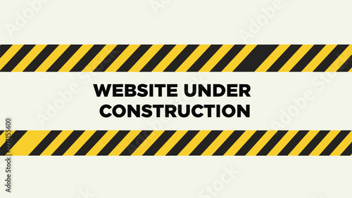 Website under construction message displayed between two rows of yellow and black diagonal caution stripes on a light cream background.