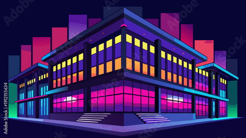 A vibrant and colorful illustration of a modern office building at night with brightly lit windows and a futuristic design