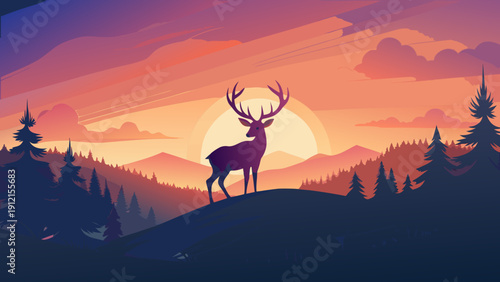 A majestic silhouette of a deer standing on a hill with large antlers against a vibrant sunset in a forest setting illustrated in a flat design style