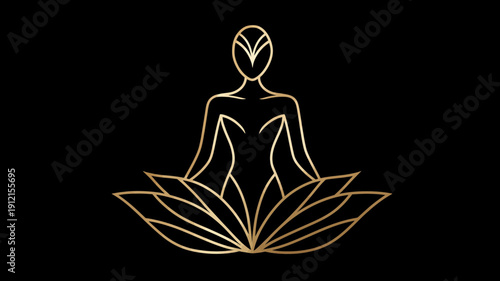 Golden line art illustration of a meditating figure in a lotus pose, symbolizing wellness, peace, yoga, and spirituality on black background.