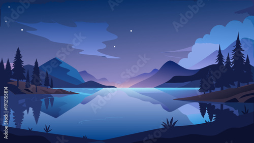 A serene vector illustration of a mountainous lake scene at twilight with calm waters reflecting the sky