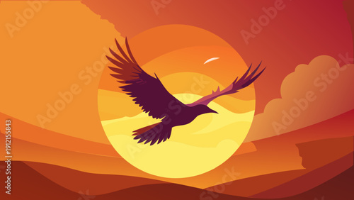 A silhouette of a bird flying gracefully against a vibrant orange and yellow gradient background in a flat design style