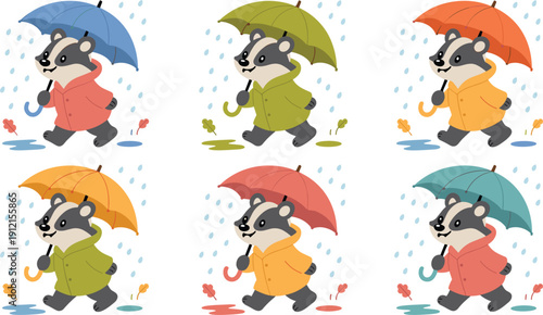 Set of cute badger characters walking in rain wearing colorful raincoats and holding umbrellas autumn seasonal vector illustration for children nursery wallpaper and cards