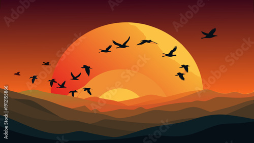 A vibrant vector illustration of a sunset with a large sun and silhouettes of birds flying over rolling hills