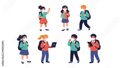 Students in school uniforms wearing protective face masks carry backpacks and use electronic devices for learning.