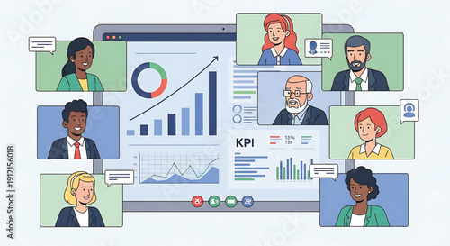 Diverse team collaborating remotely with graphs and KPIs on screen