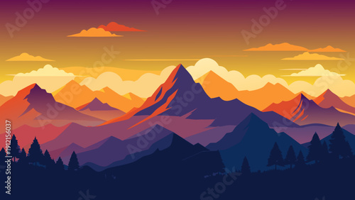 A serene mountain range silhouette at sunset depicted in a flat illustration style with vibrant colors and minimal design elements
