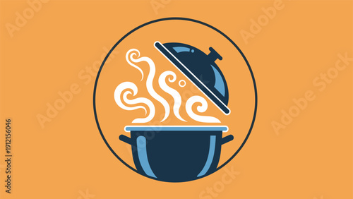 Cooking pot with steam rising from it inside a circle on an orange background representing home cooking or kitchen activity.