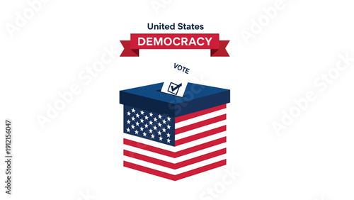 United States democracy concept featuring a ballot box with the American flag and a voter casting their vote.