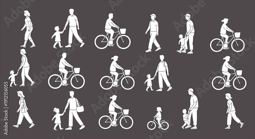 Collection of family silhouettes walking and cycling in everyday activities, vector people illustration set isolated on dark background for lifestyle and parenting concepts