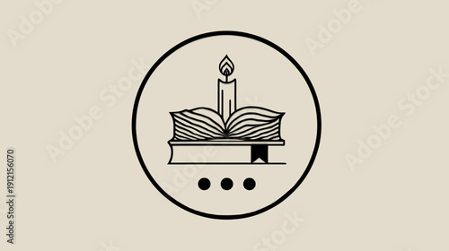 Elegant minimalist logo icon: open book, closed book, and lit candle in a circle, symbolizing knowledge, wisdom, and education.