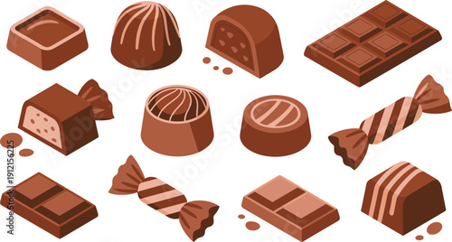 Assortment of chocolate candies praline truffles and dark cocoa bars vector collection isolated on white background for bakery cafe menu dessert shop branding and food design