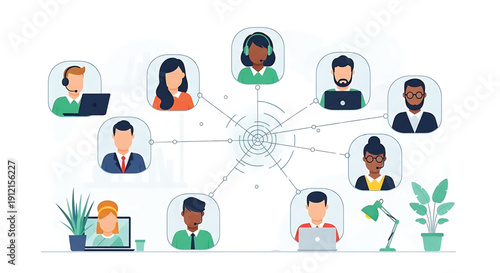 Global team connecting and communicating through a central network hub
