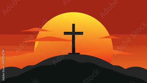 A minimalist vector illustration of a cross silhouette on a hill with a vibrant sunset background in warm orange and red hues