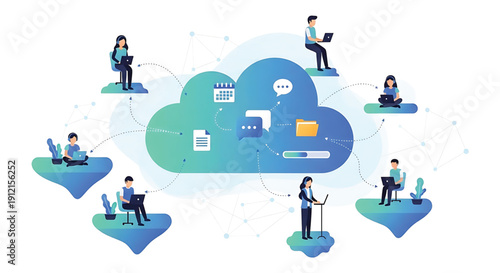 Cloud computing and data management with people working on laptops