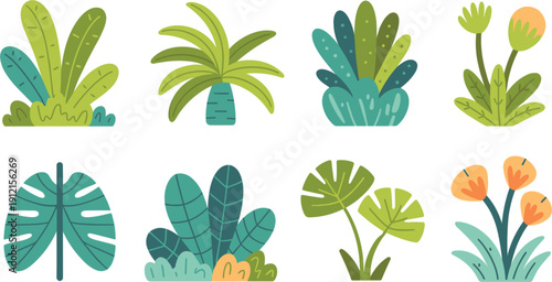 Flat vector illustration set of tropical jungle plants exotic green leaves and garden flowers isolated on white background for decorative summer design projects.