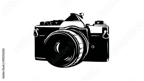 Detailed black and white illustration of a classic retro film camera with a prominent lens, vintage photography equipment icon