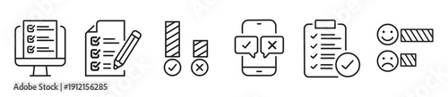 Survey, Test & Evaluation Line Icon Set — Checklist on Computer, Form Document, Rating Bars with Check and Cross, Mobile Feedback Survey, Completed Clipboard Checklist, Smiley/Sad Sentiment Analysis, 