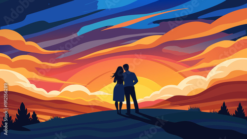A silhouetted couple embracing while standing on a hill as they watch a vibrant sunset over rolling hills in a flat design vector illustration style