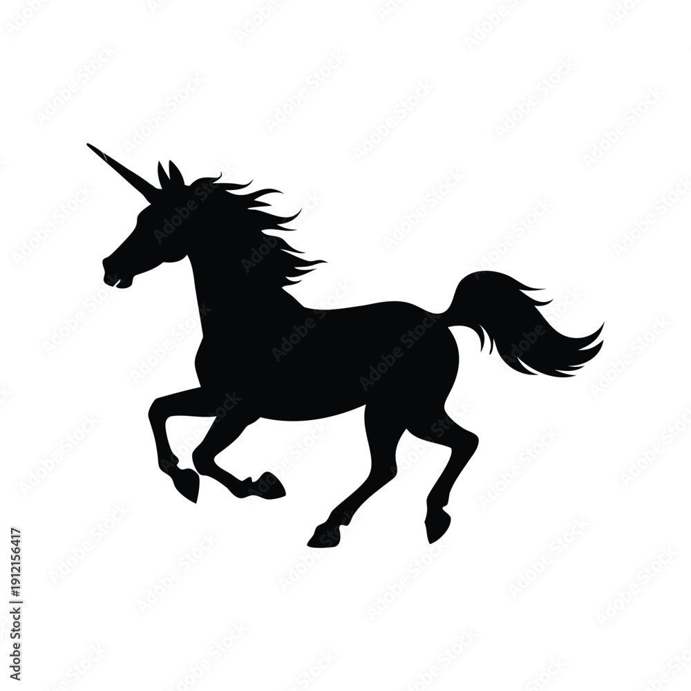 Fototapeta premium unicorn galloping silhouette vector illustration, Silhouette of a majestic unicorn running freely in a fantasy vector illustration