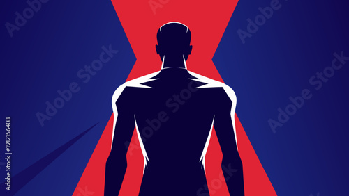 Silhouette of a muscular man standing with arms spread wide against a stylized red X on a blue background, symbolizing strength and power