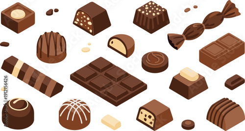 Set of luxury chocolate pralines truffles candy bars and cocoa sweets isolated on white background for confectionery menu dessert branding and advertisement.