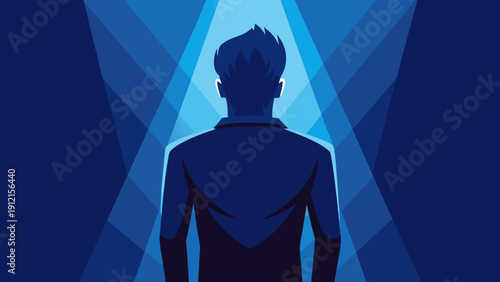 A minimalist vector graphic featuring a silhouette of a person standing with their back to the viewer against a vibrant geometric blue background illuminated by abstract light beams